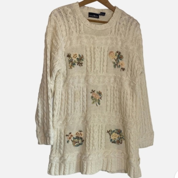 VTG Cable Knit Sweater Tunic/Dress S Floral Embroidered Indie Cottagecore Whimsy - Picture 9 of 10